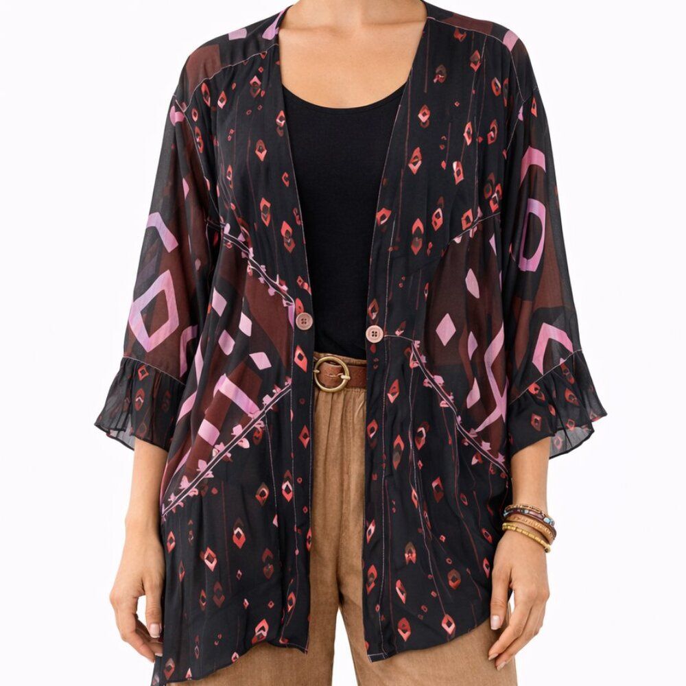 Boho Kimono Top Black Pink Geometric Print Flowy Festival Beach Cover Up Artsy